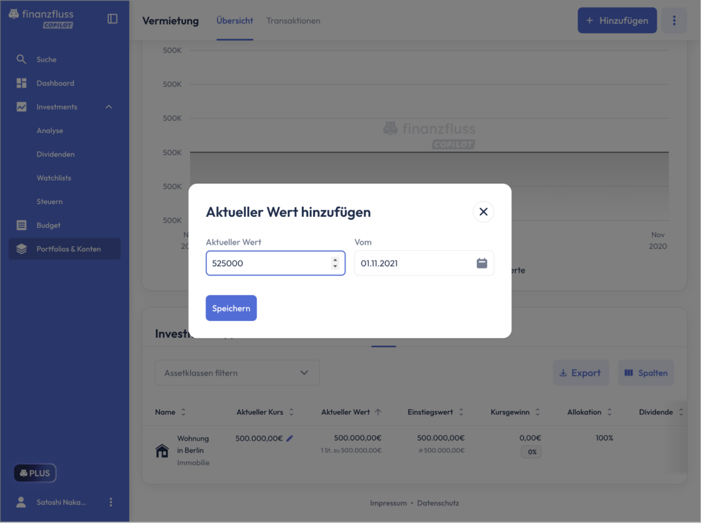 Investments-Tabelle des Portfolios ‚Vermietung'; ein Pfeil zeigt auf das Stift-Symbol neben ‚Aktueller Kurs'.